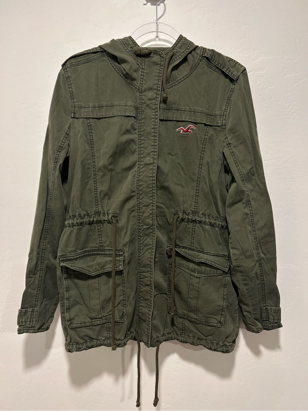 Hollister Olive Green Military Parka Hooded Cargo Embroidered Jacket Large EUC